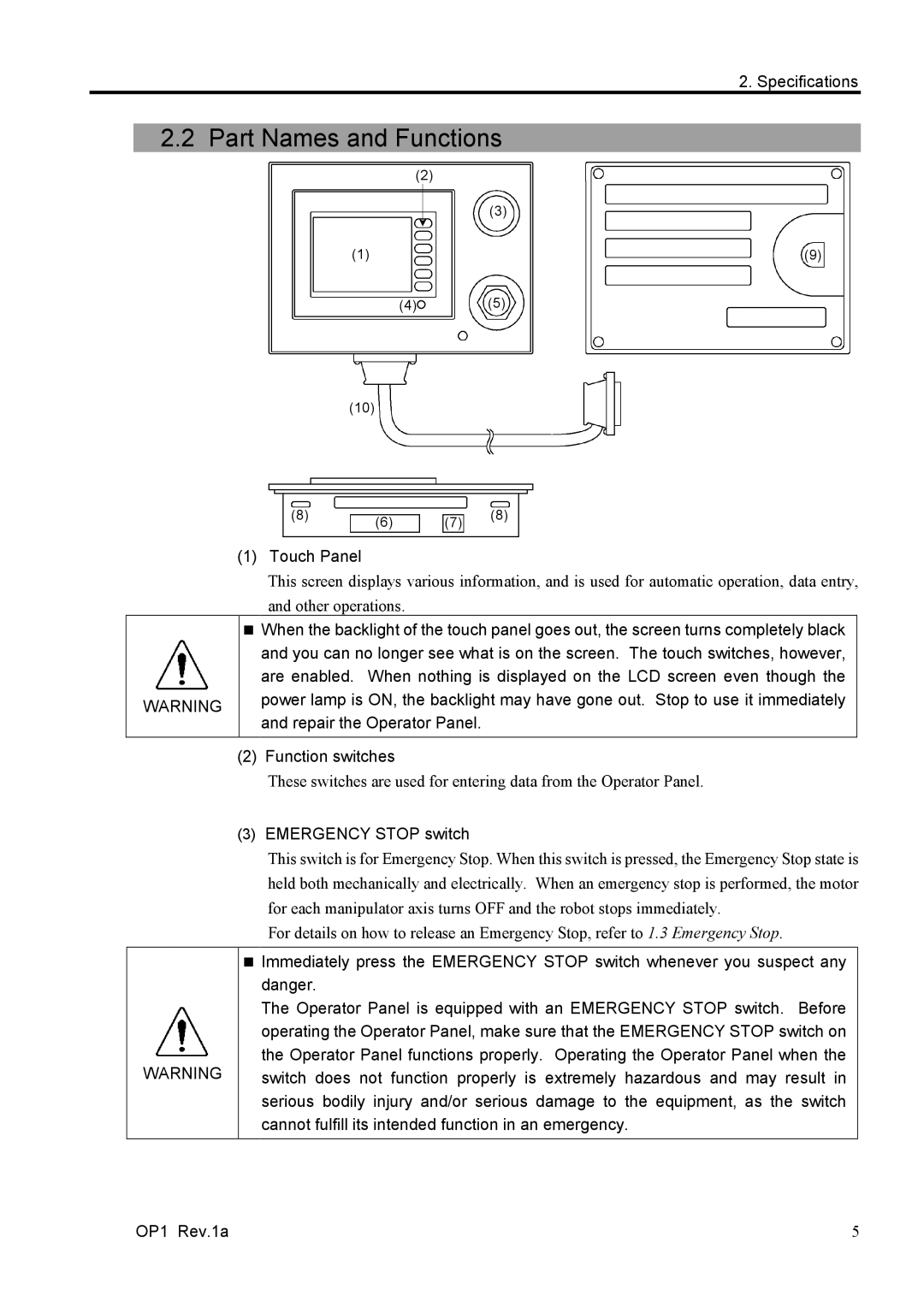 Epson RC170 Part Names and Functions, Touch Panel, Repair the Operator Panel, Function switches, Emergency Stop switch 