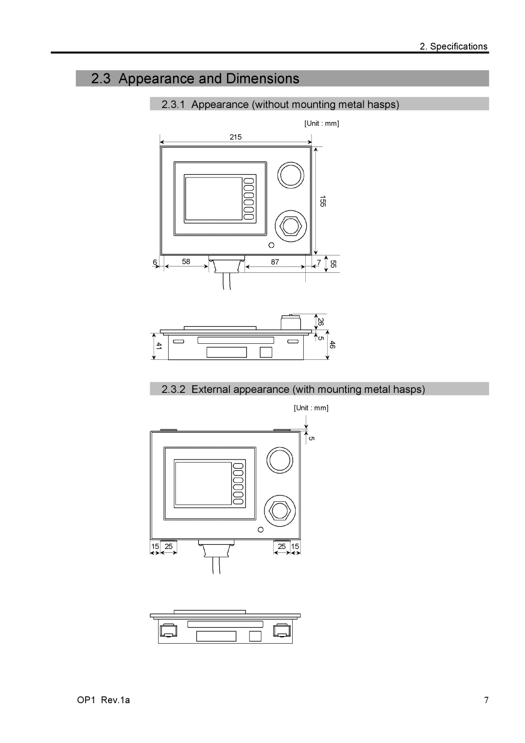 Epson RC170 manual Appearance and Dimensions, Appearance without mounting metal hasps 