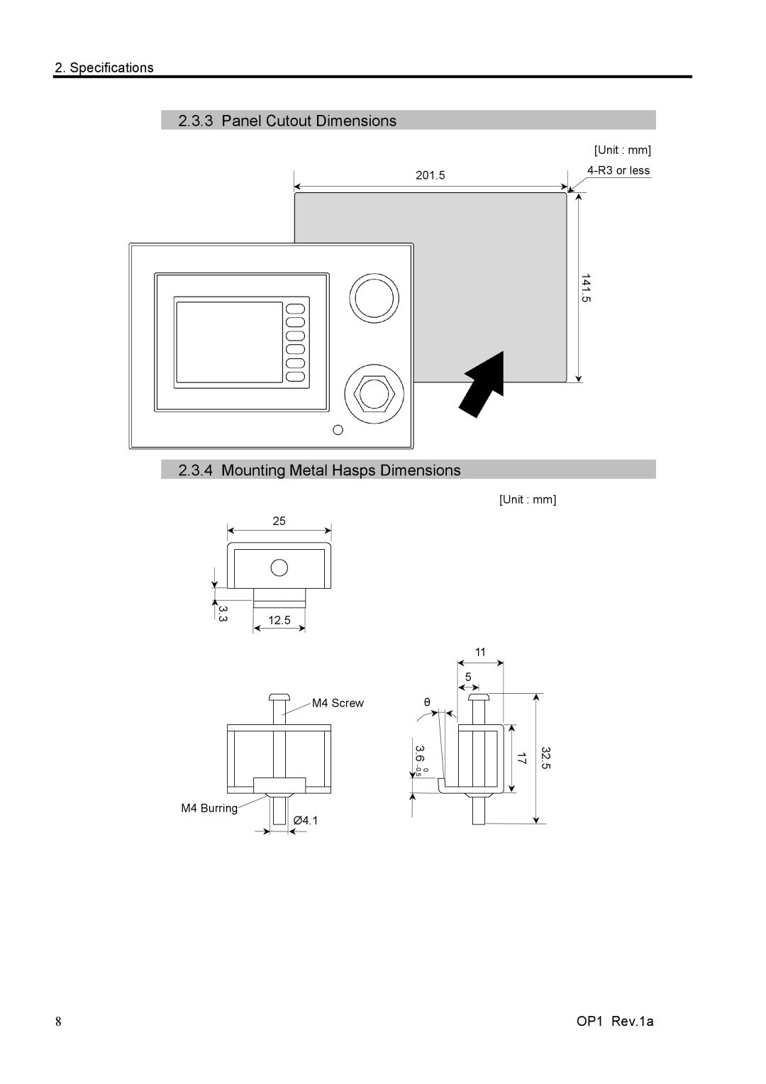 Epson RC170 manual Panel Cutout Dimensions, Mounting Metal Hasps Dimensions 