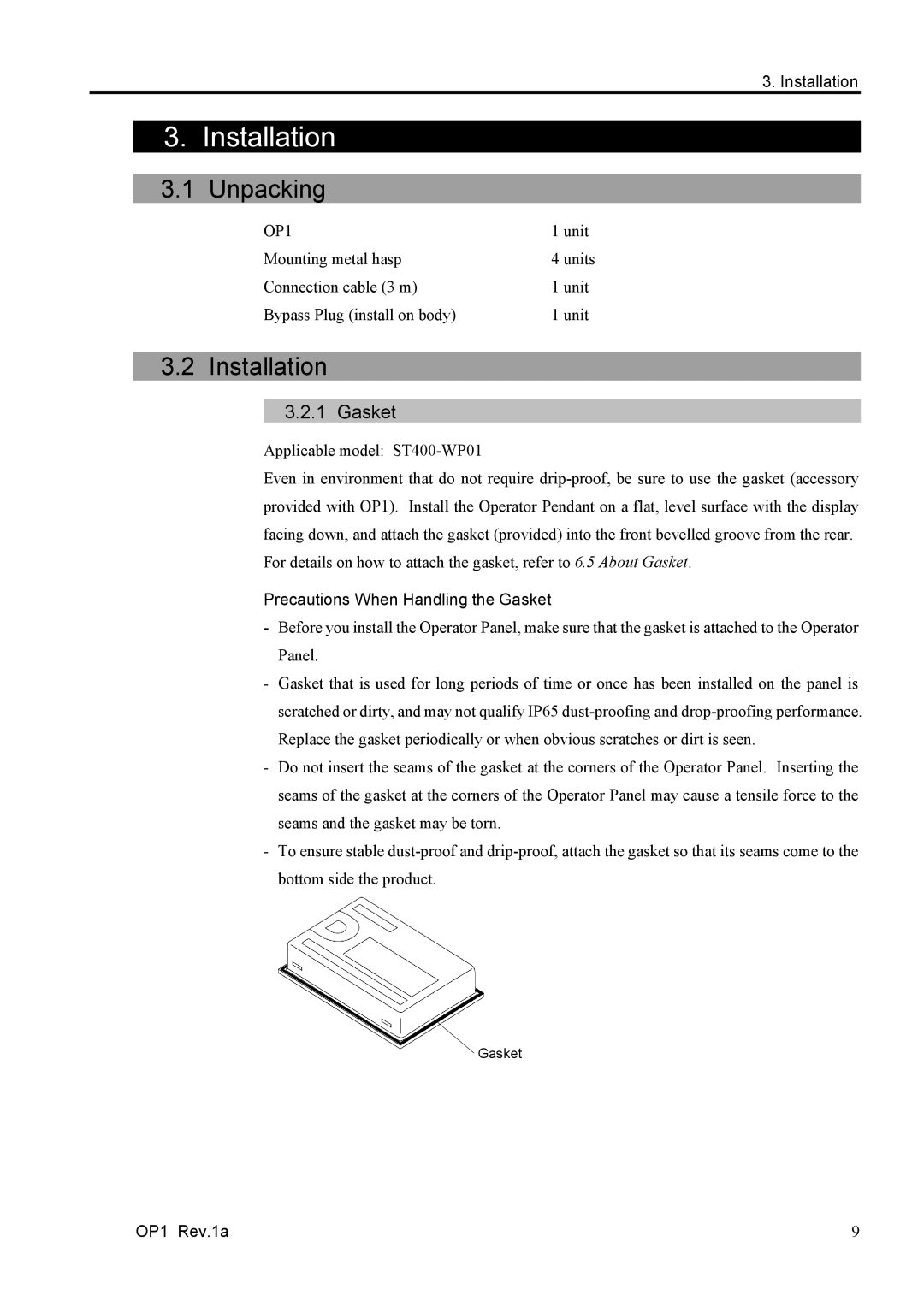 Epson RC170 manual Installation, Unpacking, Gasket 