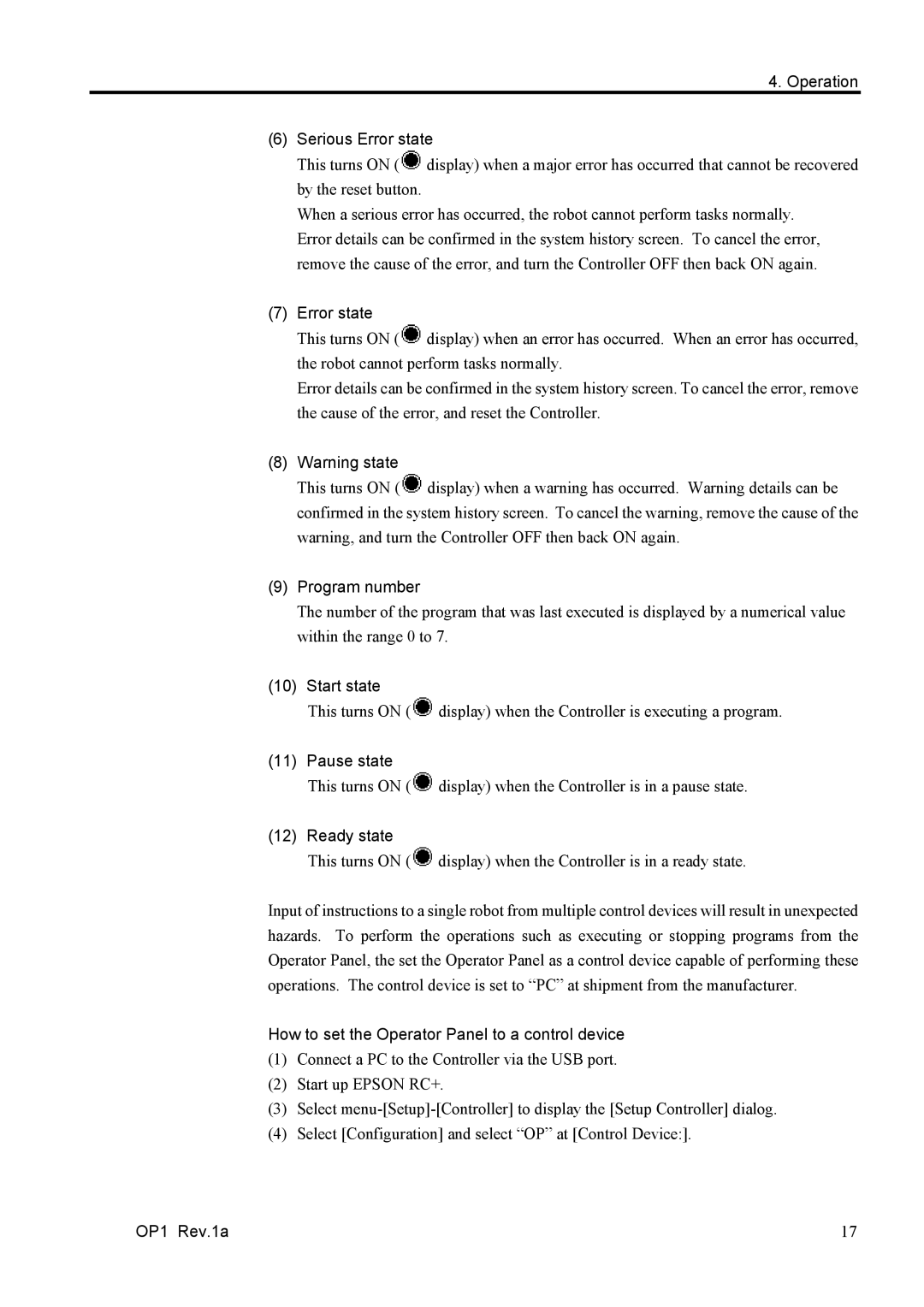 Epson RC170 manual Operation Serious Error state, Program number, Start state, Pause state, Ready state 