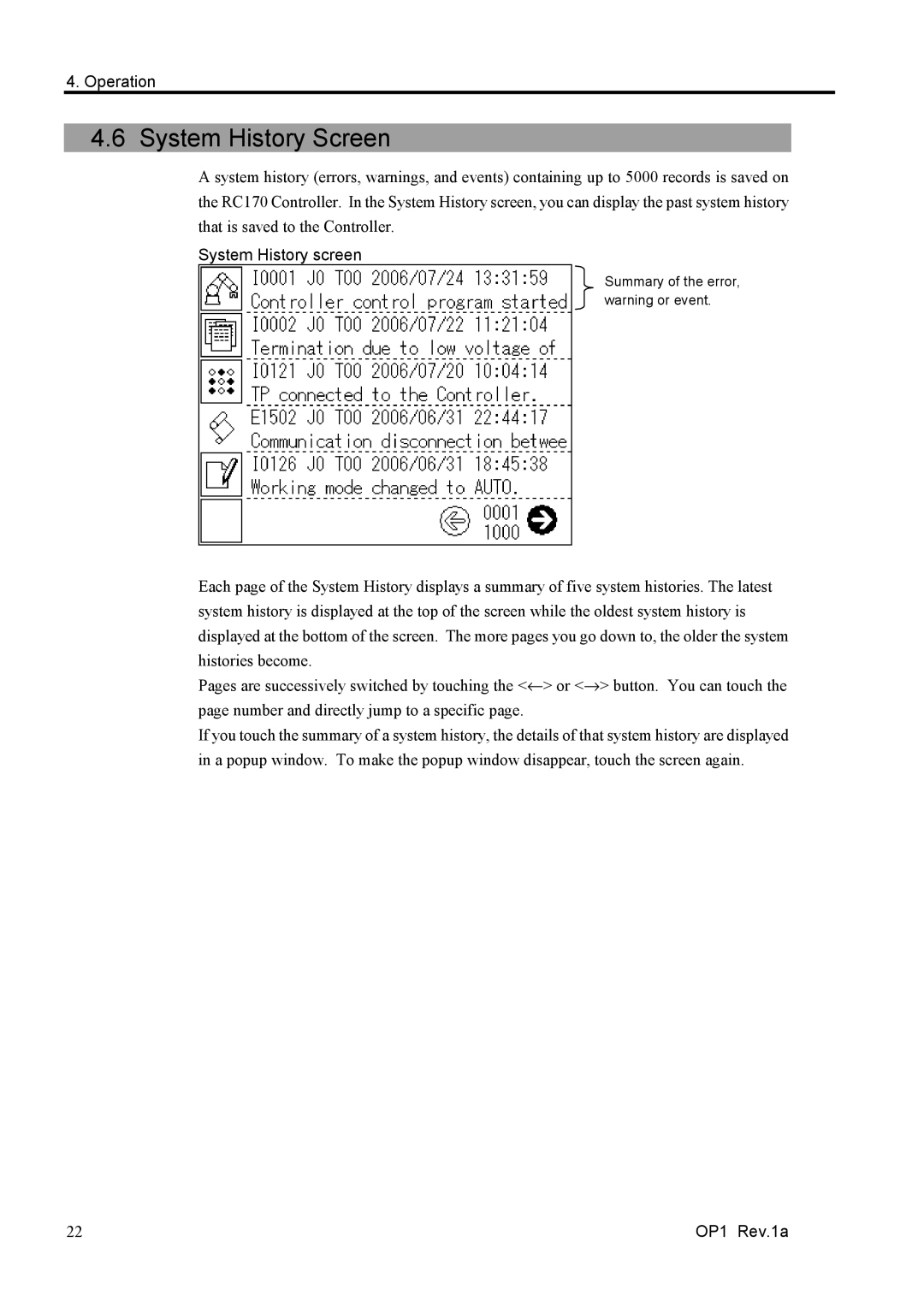 Epson RC170 manual System History Screen, System History screen 