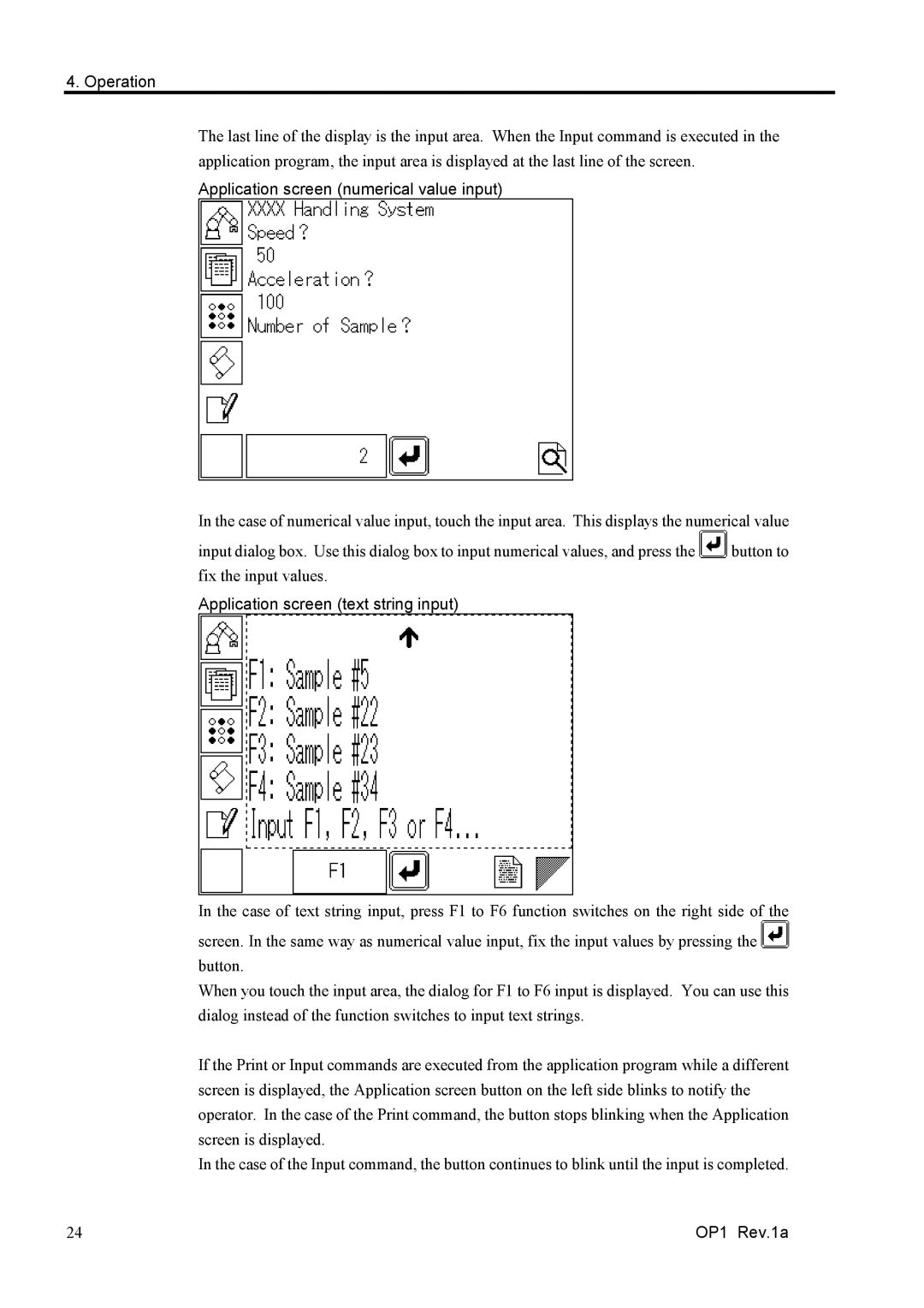 Epson RC170 manual Application screen numerical value input, Application screen text string input 