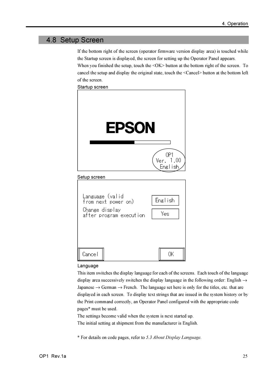 Epson RC170 manual Setup Screen, Startup screen Setup screen Language 