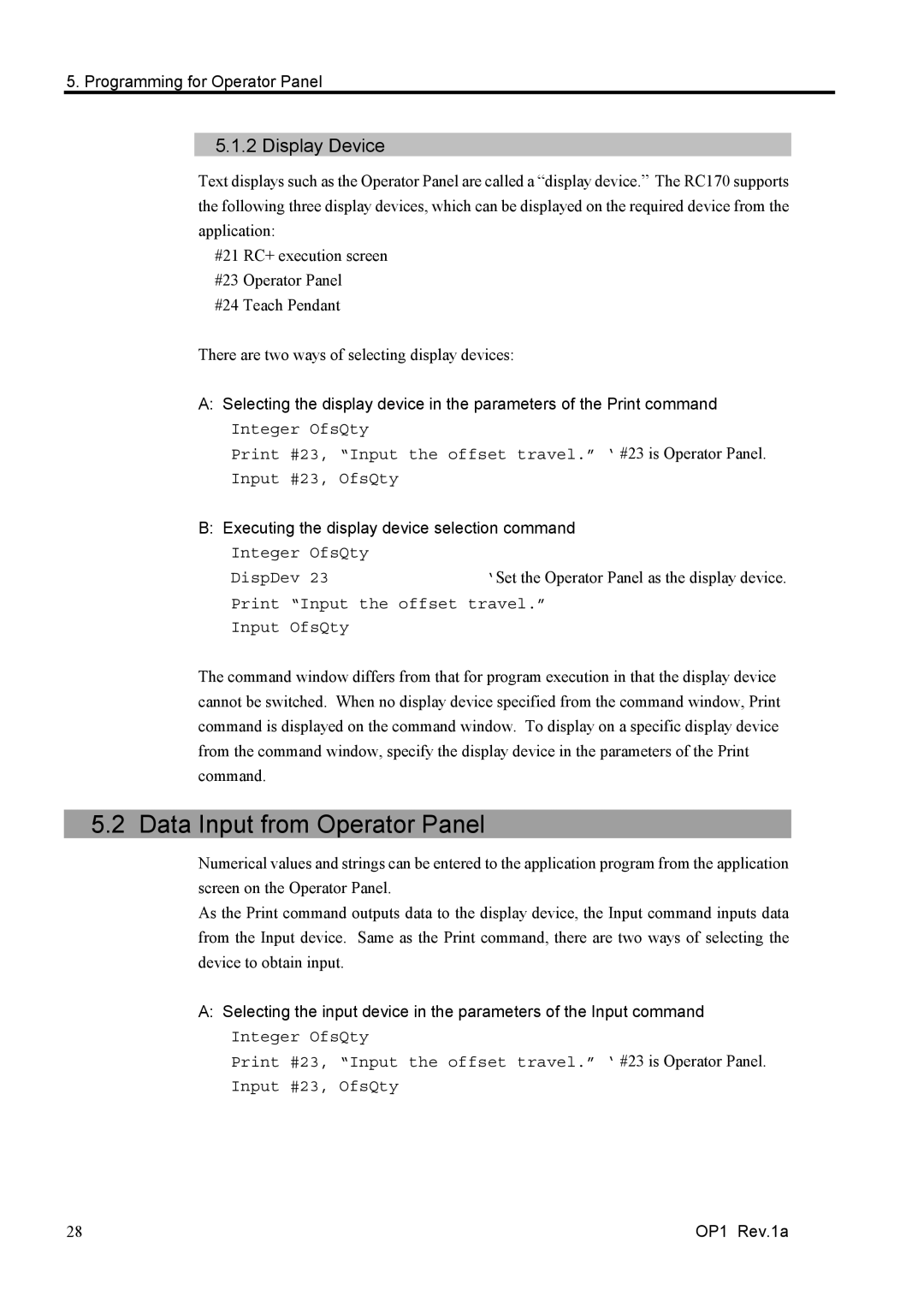 Epson RC170 manual Data Input from Operator Panel, Display Device, Executing the display device selection command 