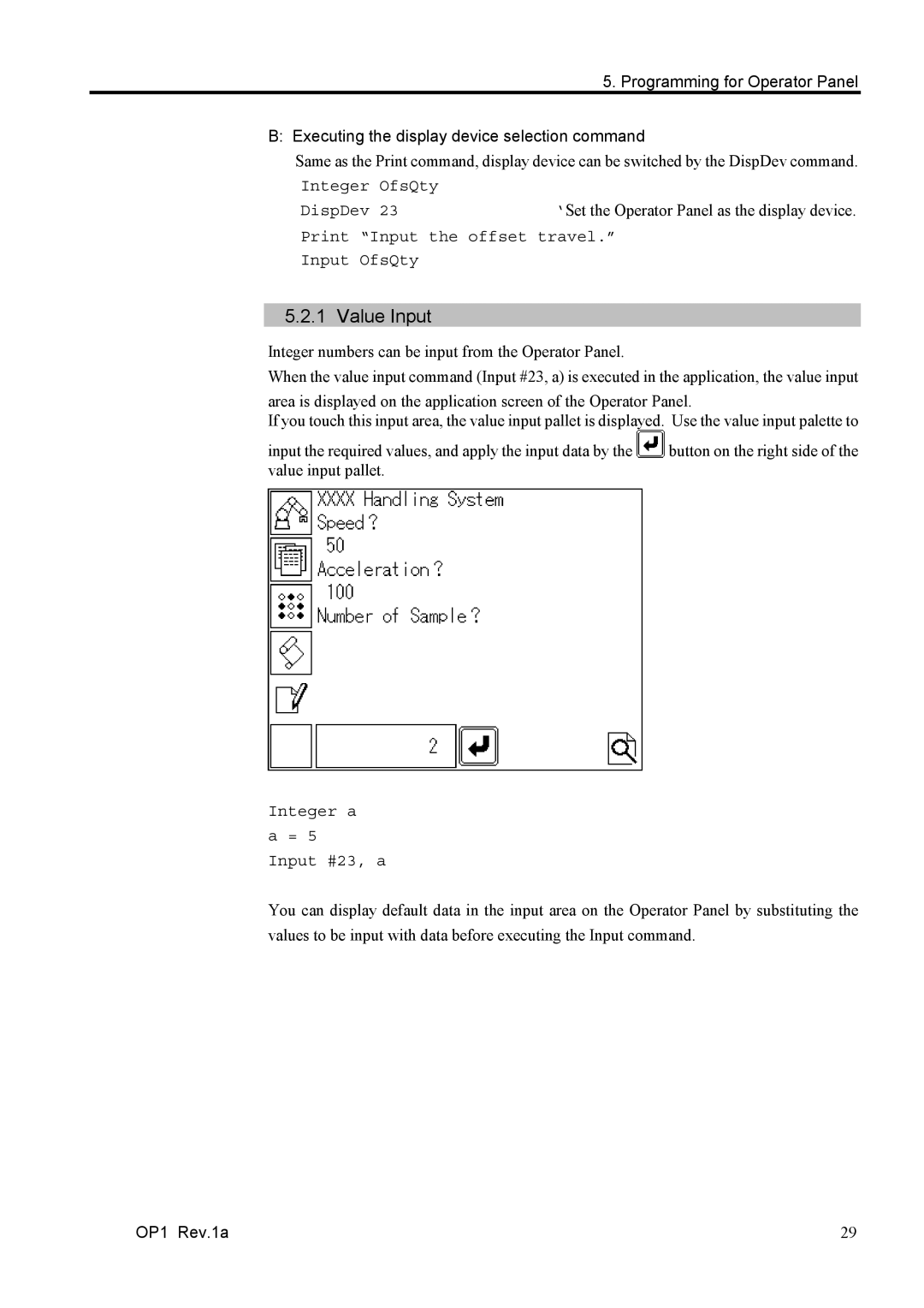 Epson RC170 manual Value Input 