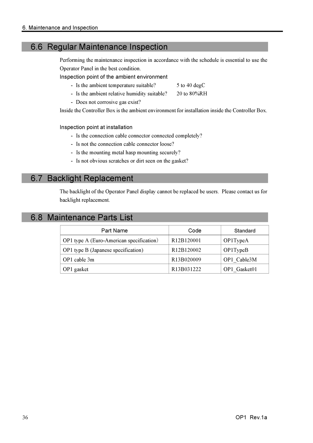 Epson RC170 manual Regular Maintenance Inspection, Backlight Replacement, Maintenance Parts List 