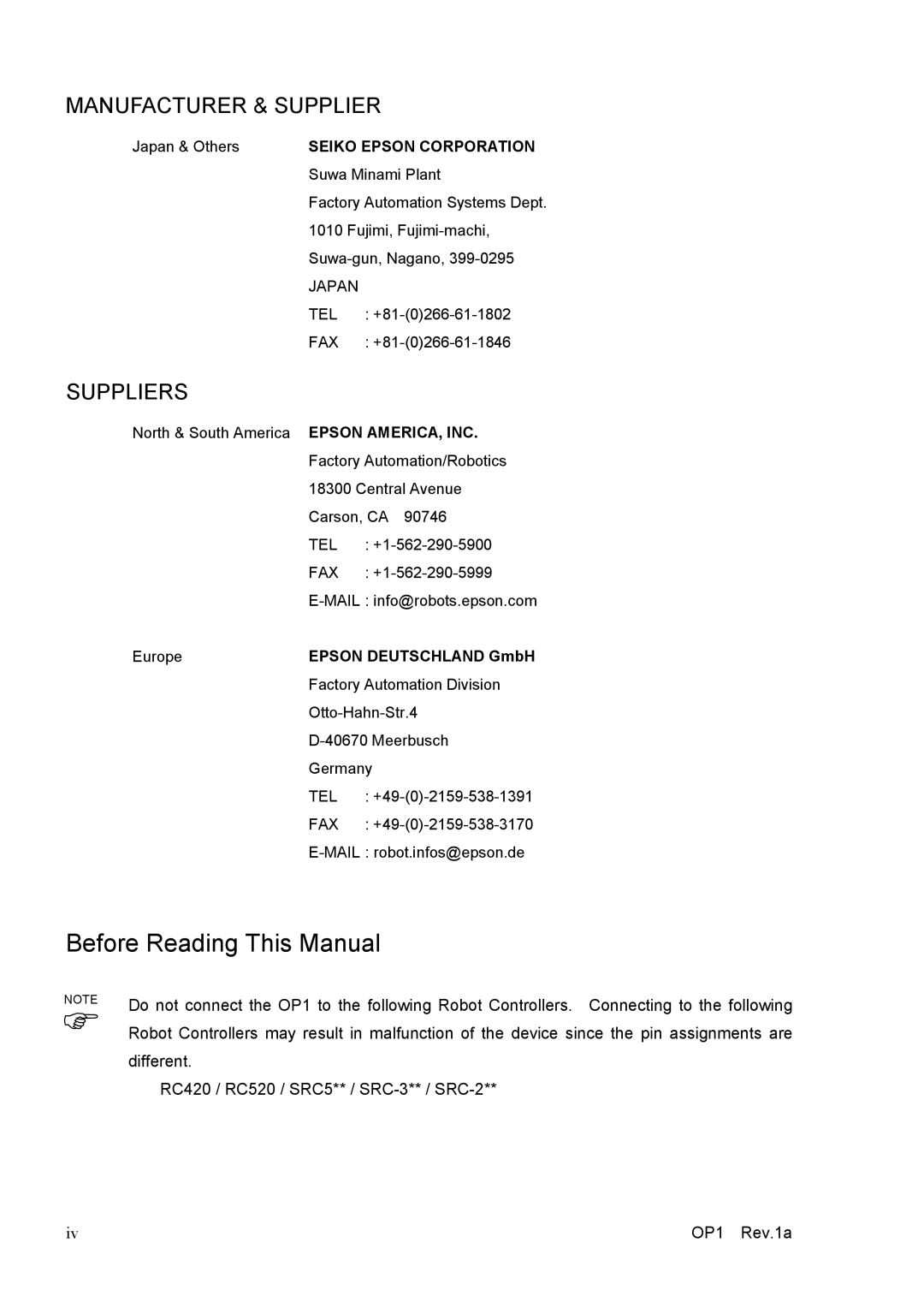 Epson RC170 manual Before Reading This Manual, Manufacturer & Supplier 