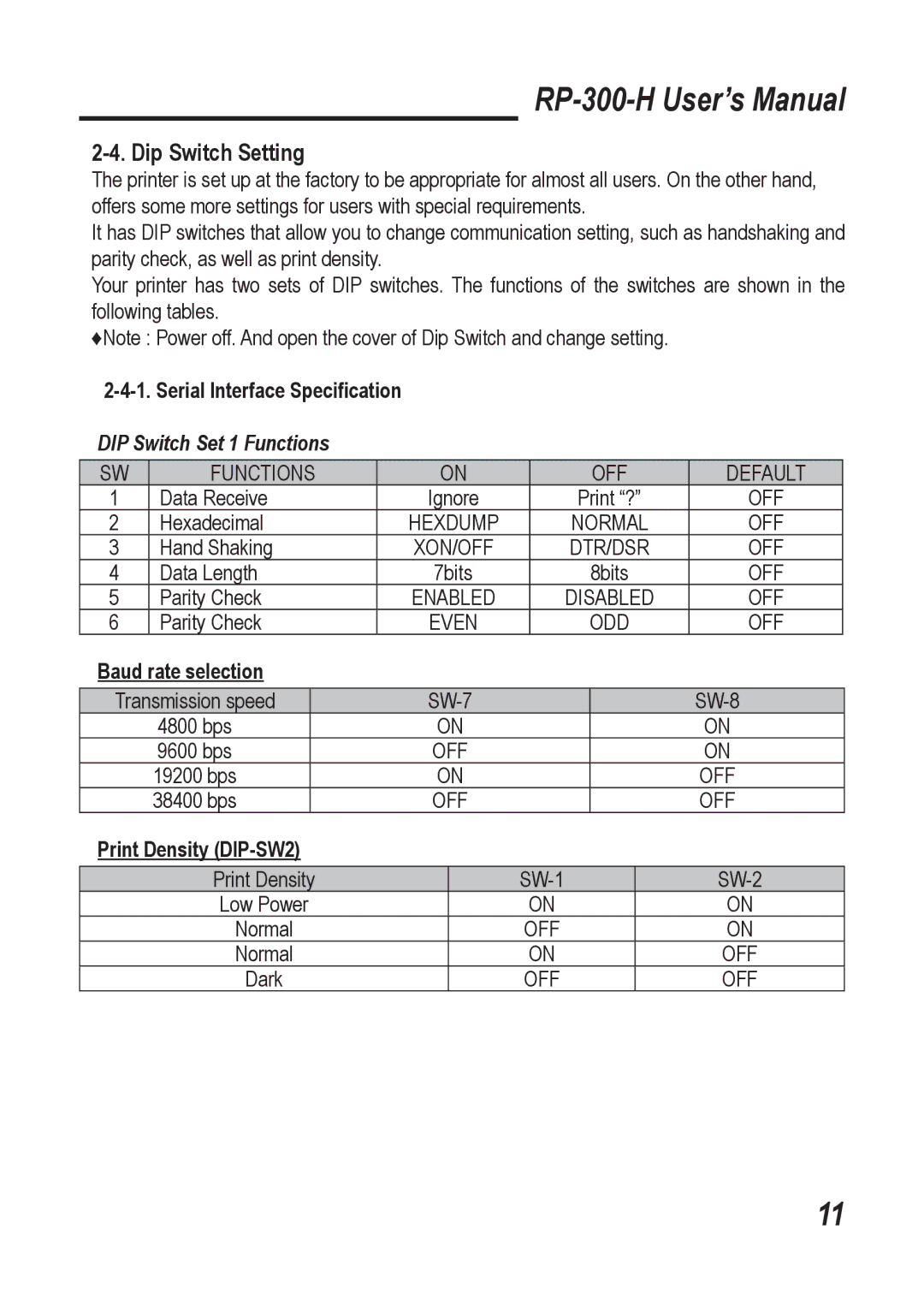 Epson RP-300-H user manual Dip Switch Setting, Serial Interface Speciﬁcation, Baud rate selection, Print Density DIP-SW2 