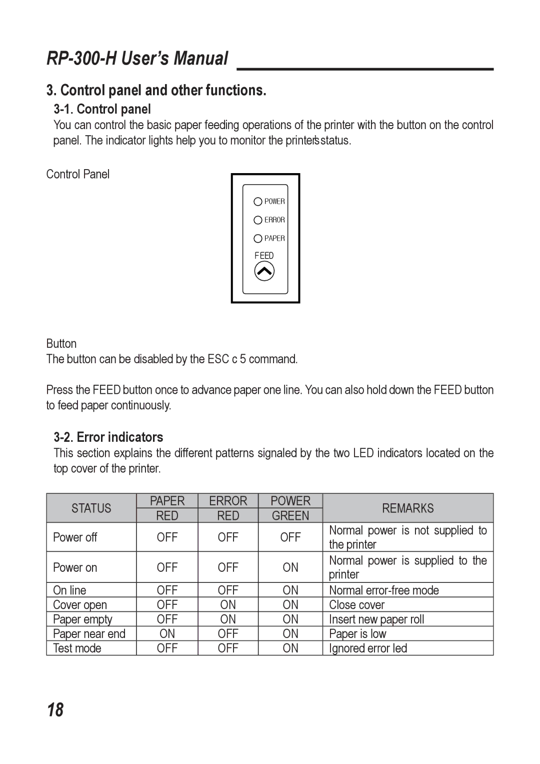 Epson RP-300-H user manual Control panel and other functions, Error indicators 