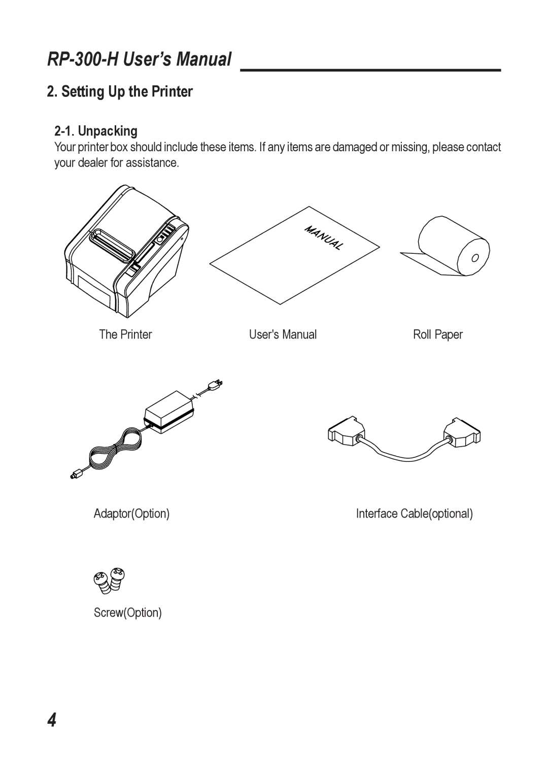 Epson RP-300-H user manual Setting Up the Printer, Unpacking 