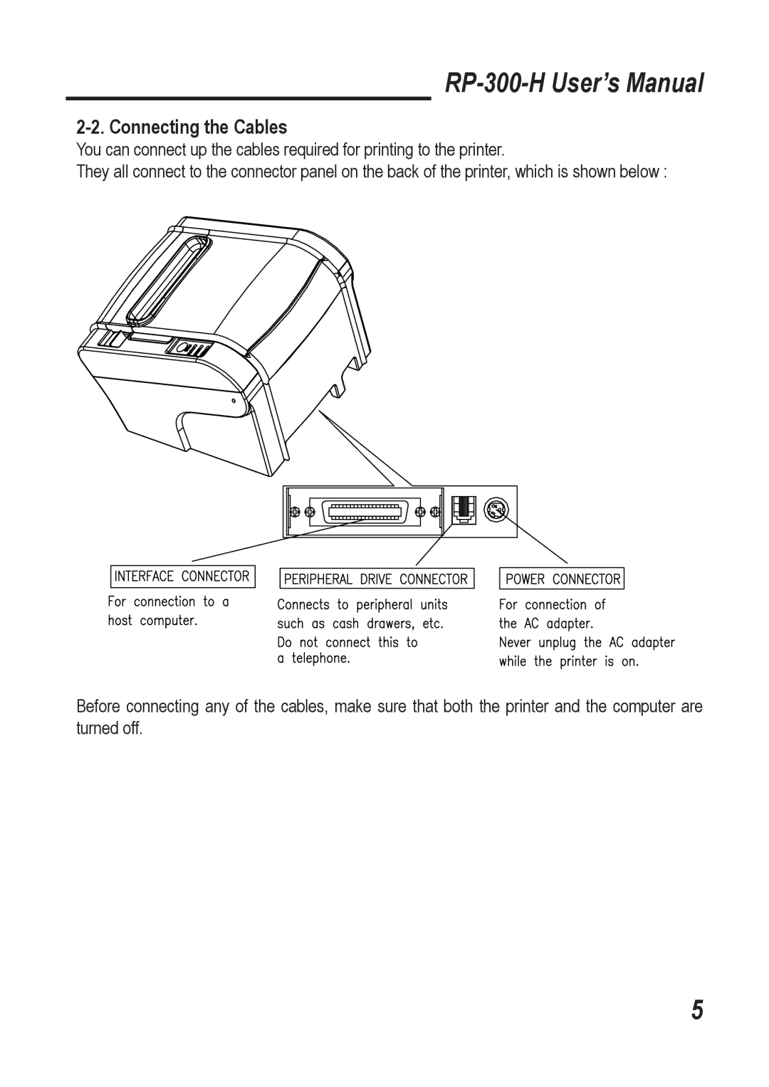 Epson RP-300-H user manual Connecting the Cables 