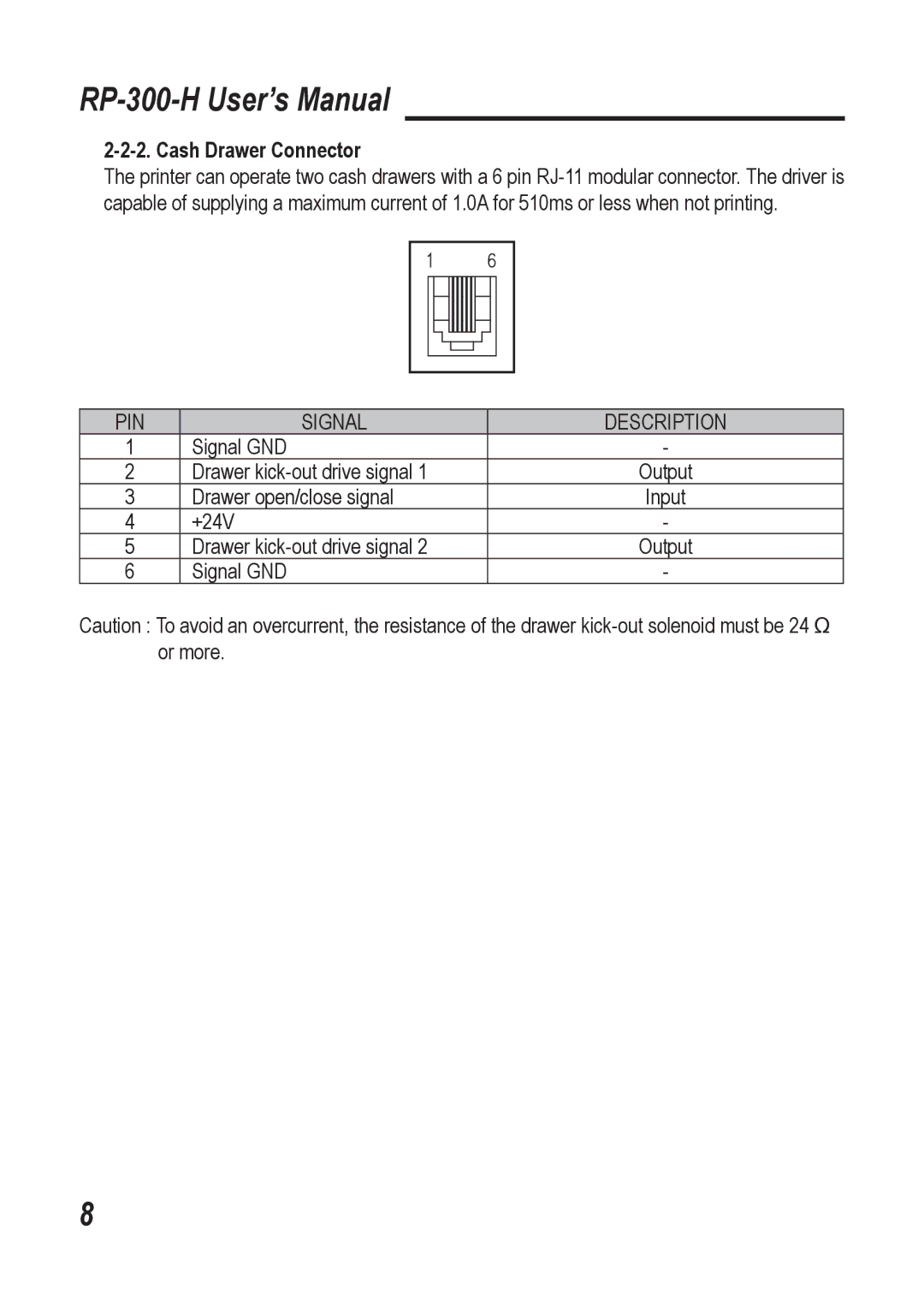 Epson RP-300-H user manual Cash Drawer Connector 