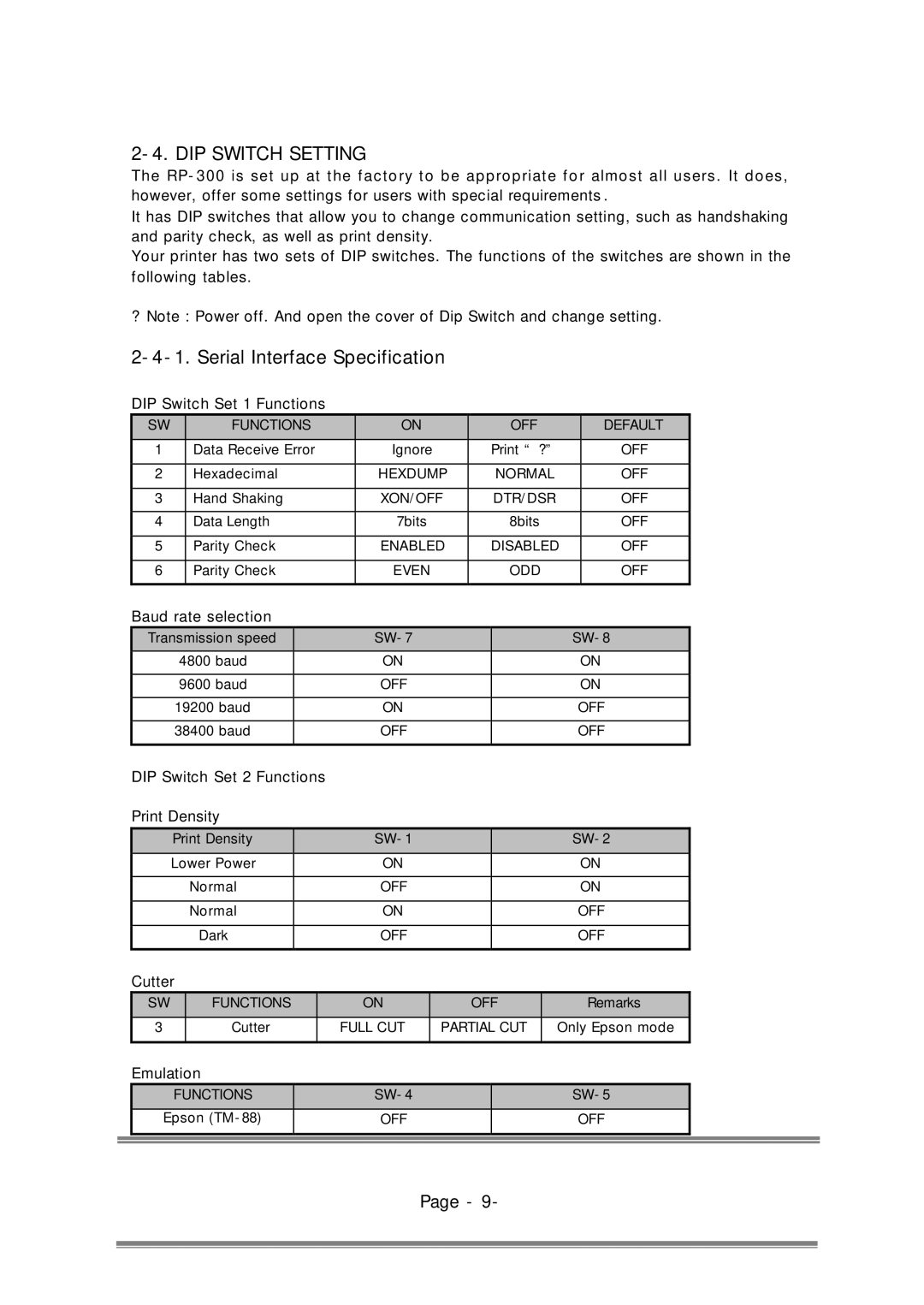 Epson RP-300, RP-310 user manual DIP Switch Setting, Serial Interface Specification 