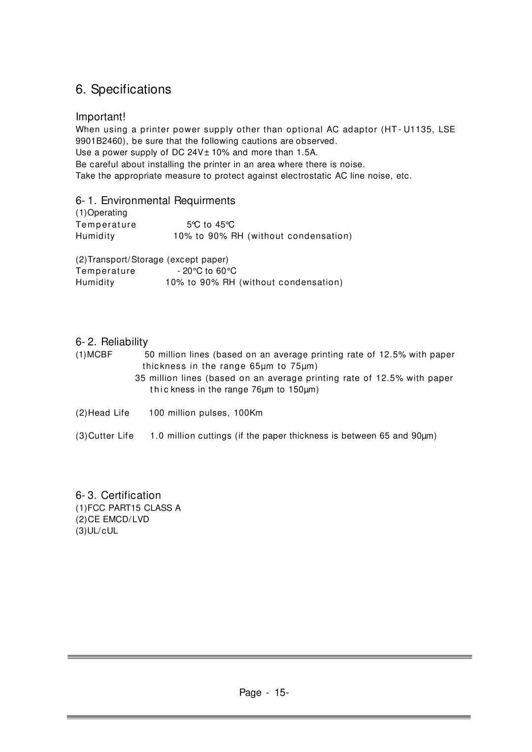 Epson RP-300, RP-310 user manual Specifications, Environmental Requirments, Reliability, Certification 