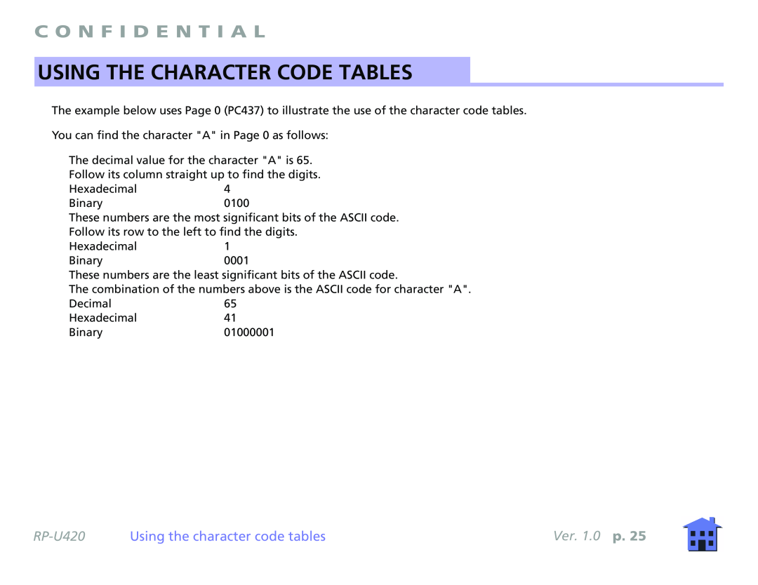 Epson RP-U420 manual Using The Character Code Tables, Using the character code tables, C O N F I D E N T I A L, Ver. 1.0 p 
