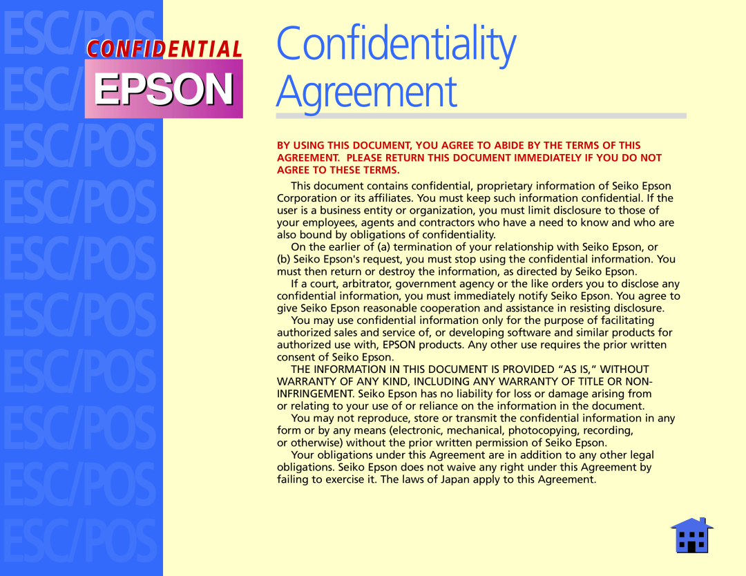 Epson RP-U420 manual Confidentiality, Agreement, Esc/Posconfid E N T I A L 