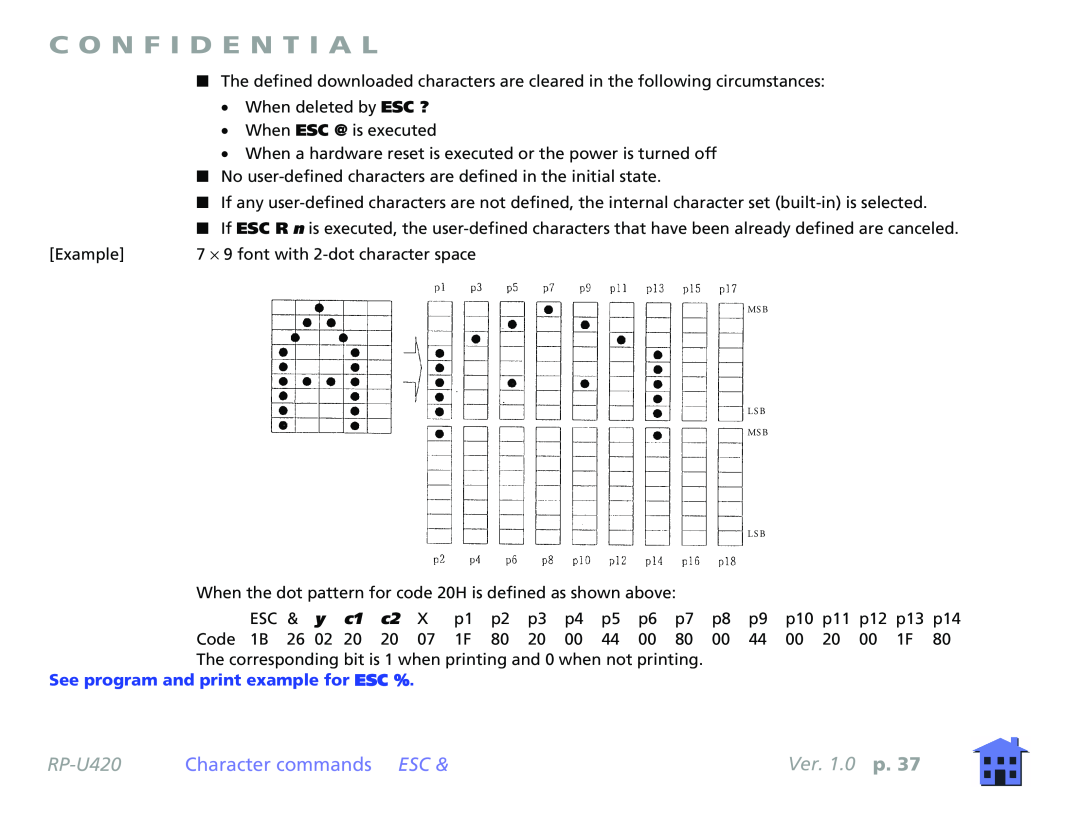 Epson RP-U420 manual C O N F I D E N T I A L, Character commands ESC, Ver. 1.0 p, See program and print example for ESC % 