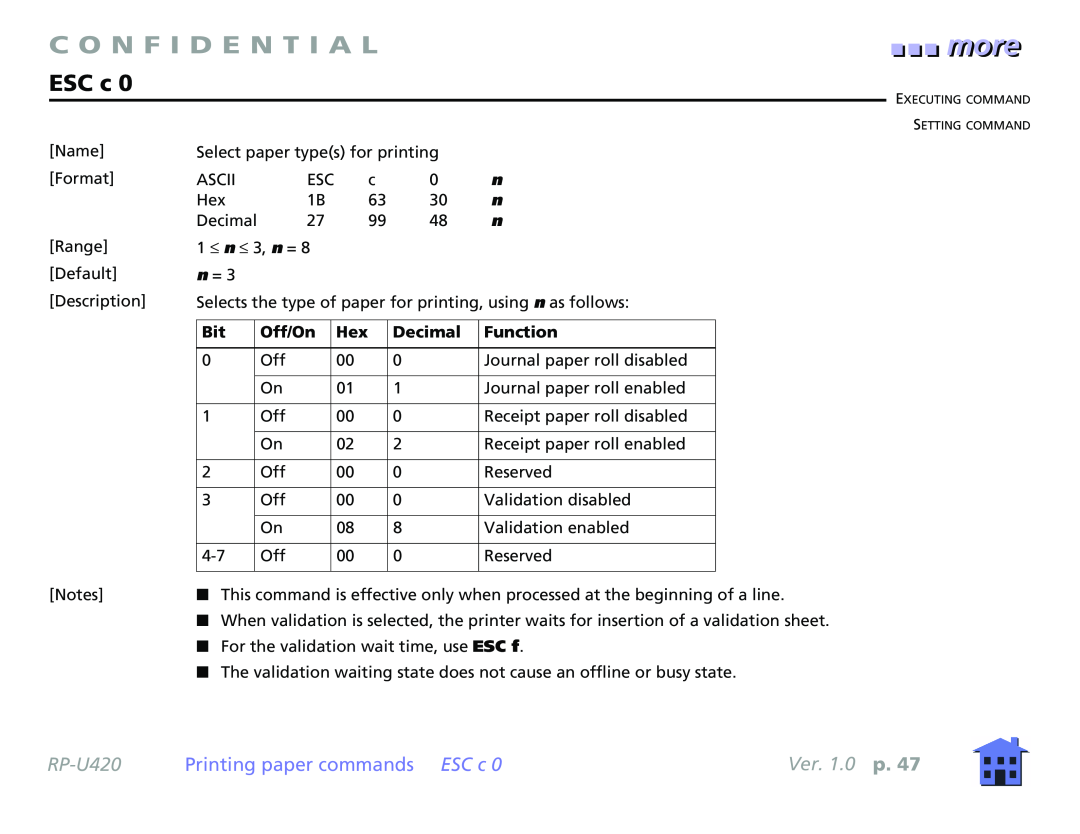 Epson RP-U420 manual Printing paper commands ESC c, C O N F I D E N T I A L, Ver. 1.0 p 