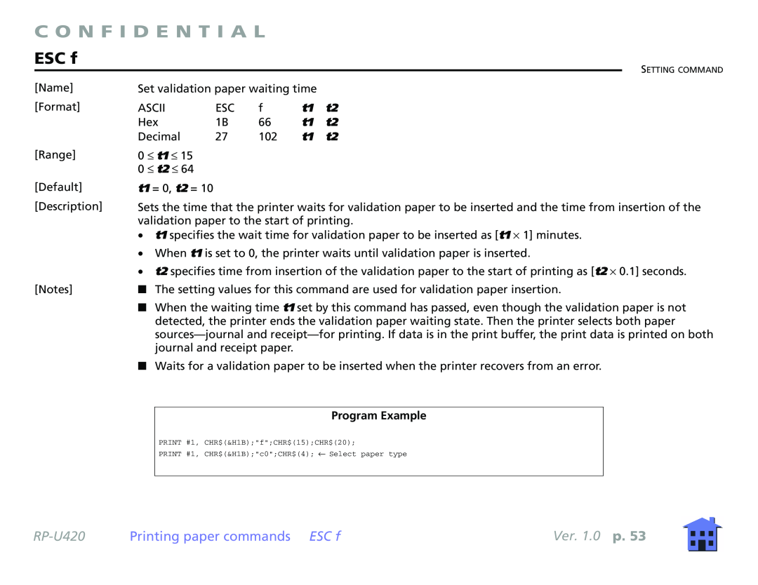 Epson RP-U420 manual Printing paper commands ESC f, C O N F I D E N T I A L, Ver. 1.0 p 