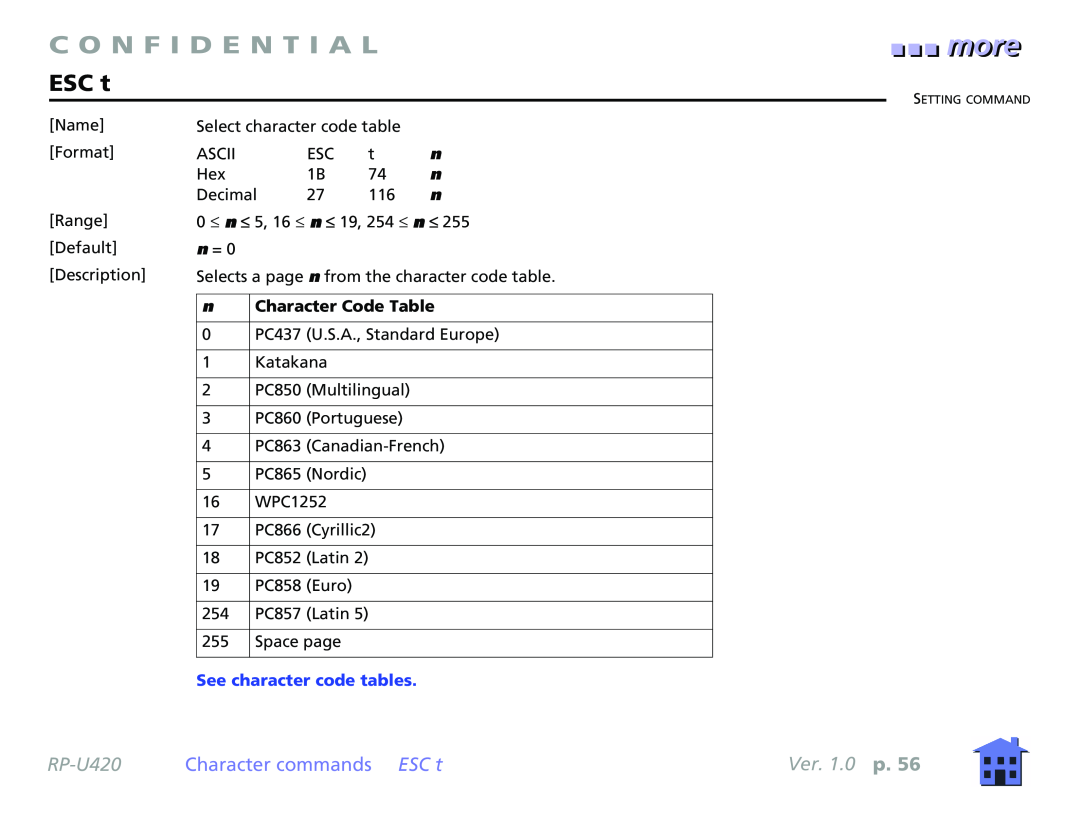 Epson RP-U420 manual Character commands ESC t, C O N F I D E N T I A L, Ver. 1.0 p, See character code tables 