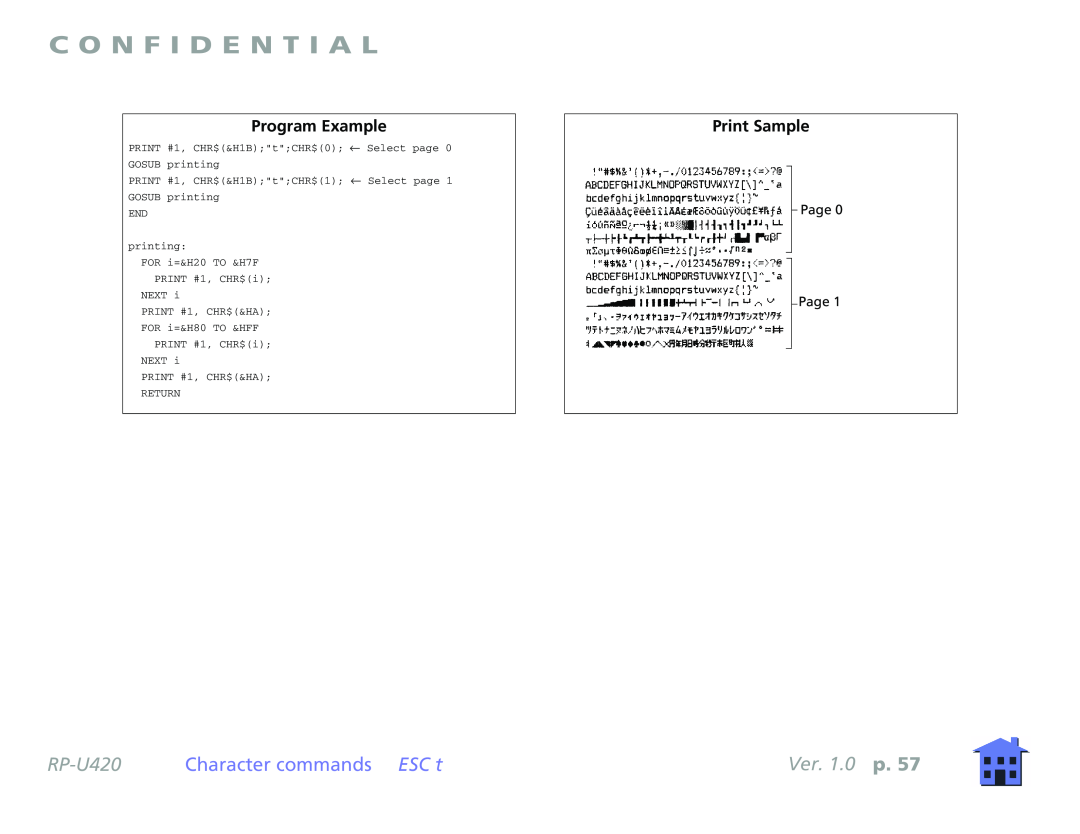 Epson RP-U420 manual C O N F I D E N T I A L, Character commands ESC t, Ver. 1.0 p 
