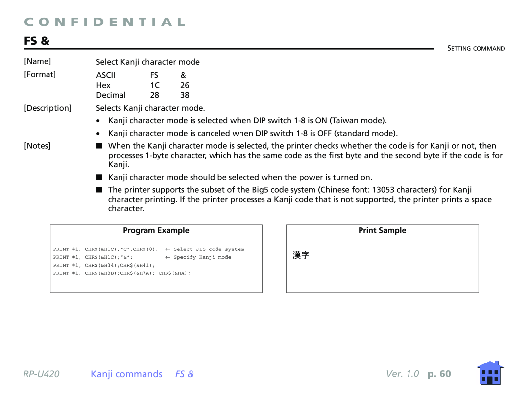 Epson RP-U420 manual Kanji commands FS, C O N F I D E N T I A L, Ver. 1.0 p 
