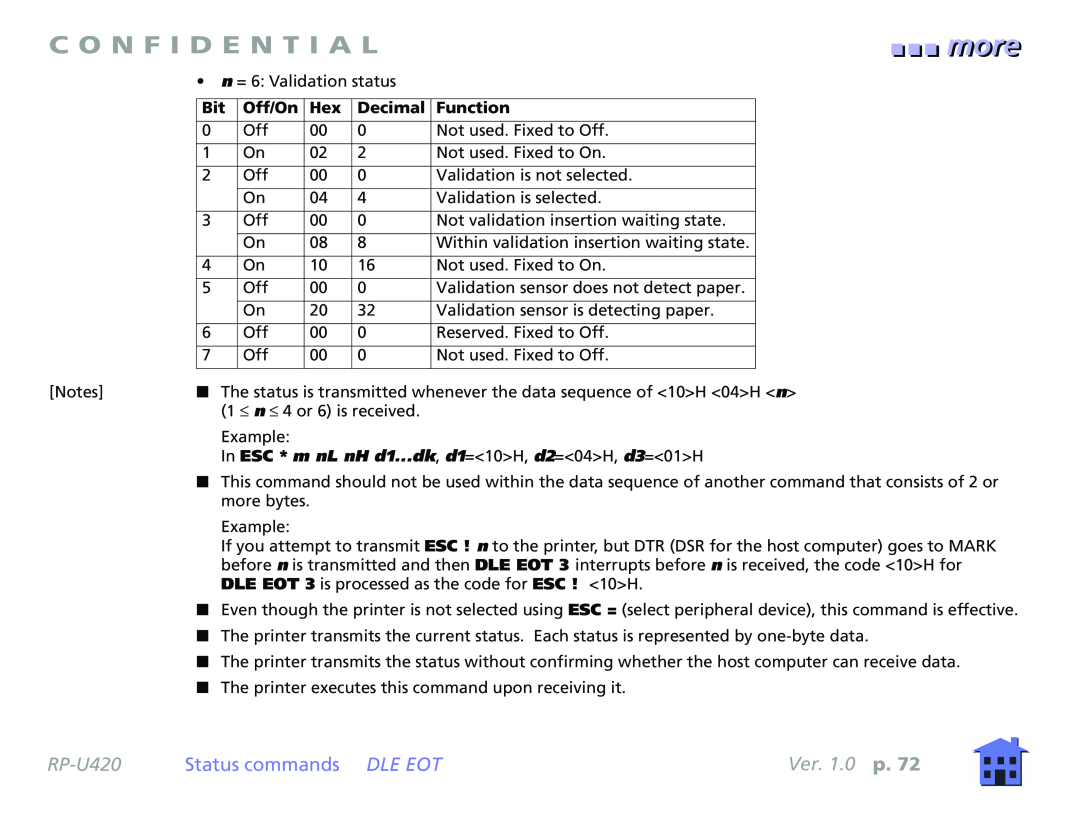 Epson RP-U420 manual more, C O N F I D E N T I A L, Status commands DLE EOT, Ver. 1.0 p 