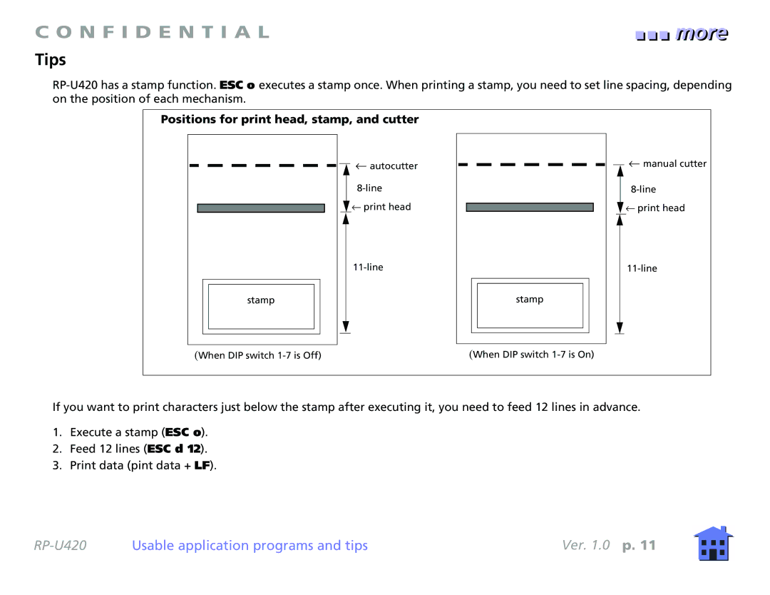 Epson RP-U420 manual Tips, Positions for print head, stamp, and cutter 