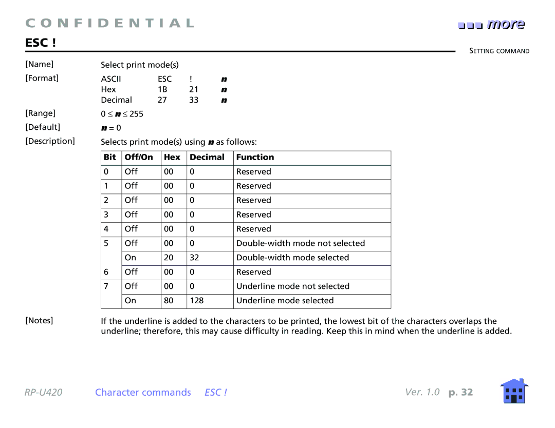 Epson RP-U420 manual Esc, Bit Off/On Hex Decimal Function 