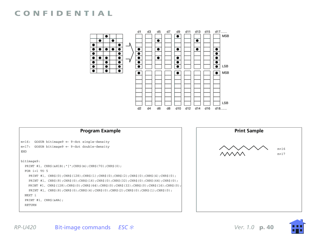 Epson RP-U420 manual Program Example Print Sample, Bitimage9 Print #1, CHR$&H1BCHR$mCHR$70CHR$0 For i=1 to 