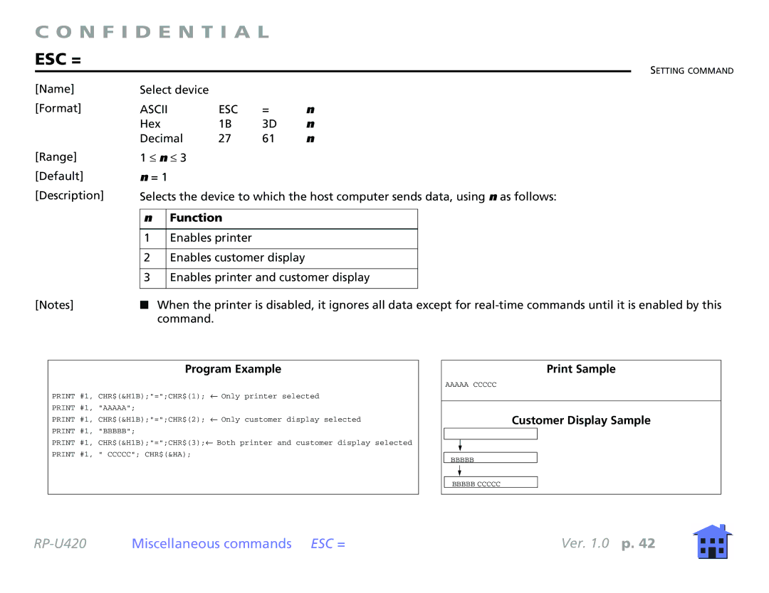 Epson RP-U420 manual Esc =, Customer Display Sample 