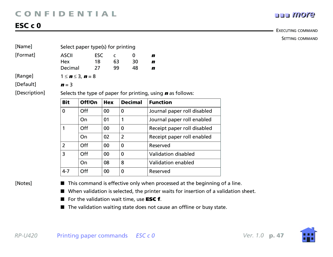 Epson RP-U420 manual ESC c, Bit Off/On Hex Decimal Function 