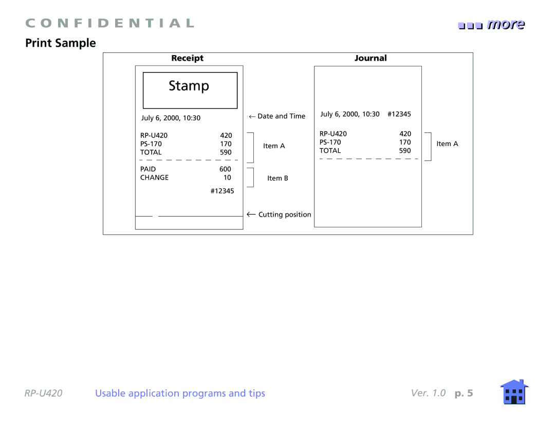 Epson RP-U420 manual Print Sample, Receipt Journal 