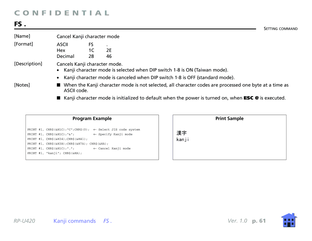 Epson RP-U420 manual Name Cancel Kanji character mode Format 