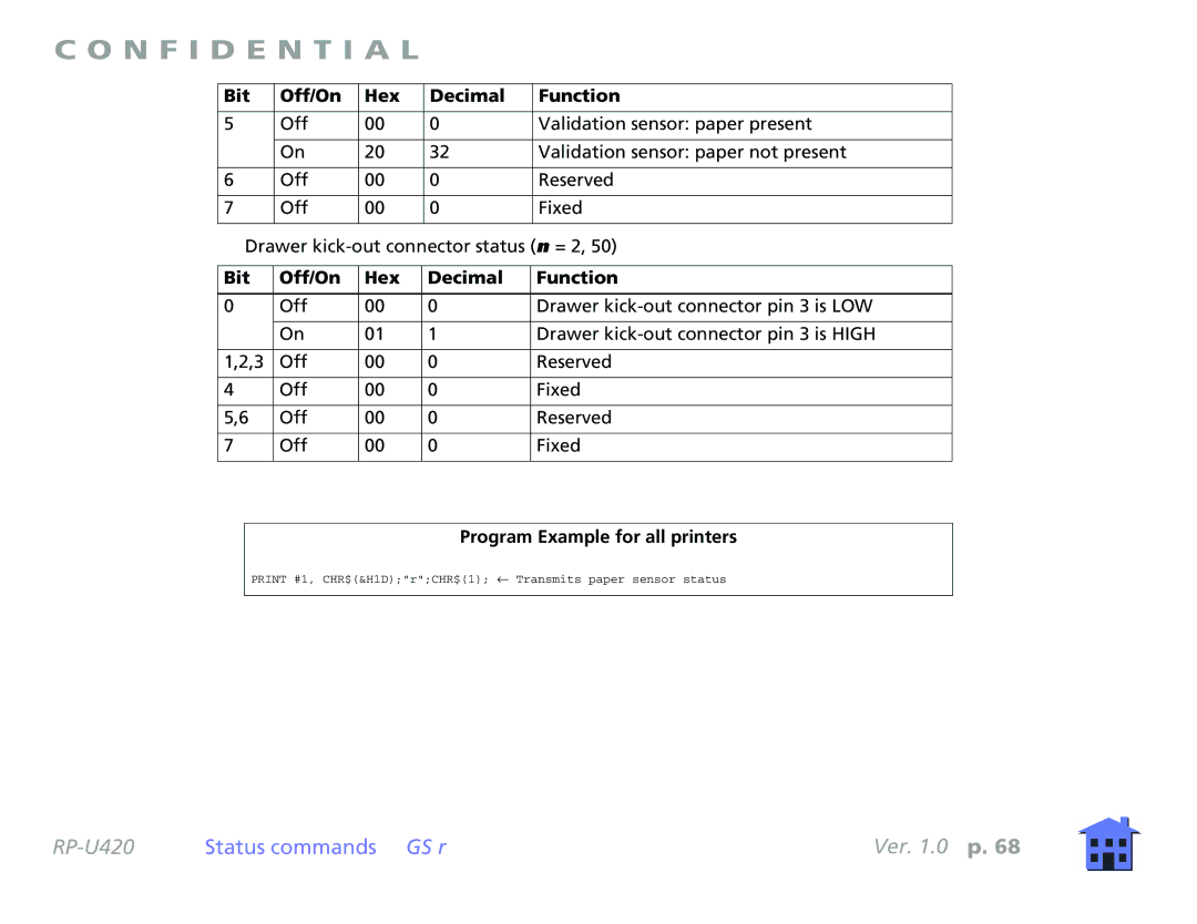 Epson RP-U420 manual Print #1, CHR$&H1DrCHR$1 ← Transmits paper sensor status 