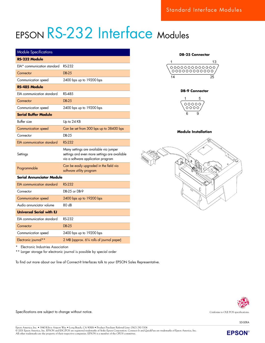 Epson manual DB-25 Connector, RS-232 Module, RS-485 Module DB-9 Connector, Serial Buffer Module, Module Installation 