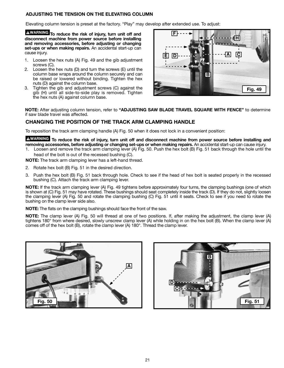 Epson RS830 Changing the Position of the Track ARM Clamping Handle, Adjusting the Tension on the Elevating Column 