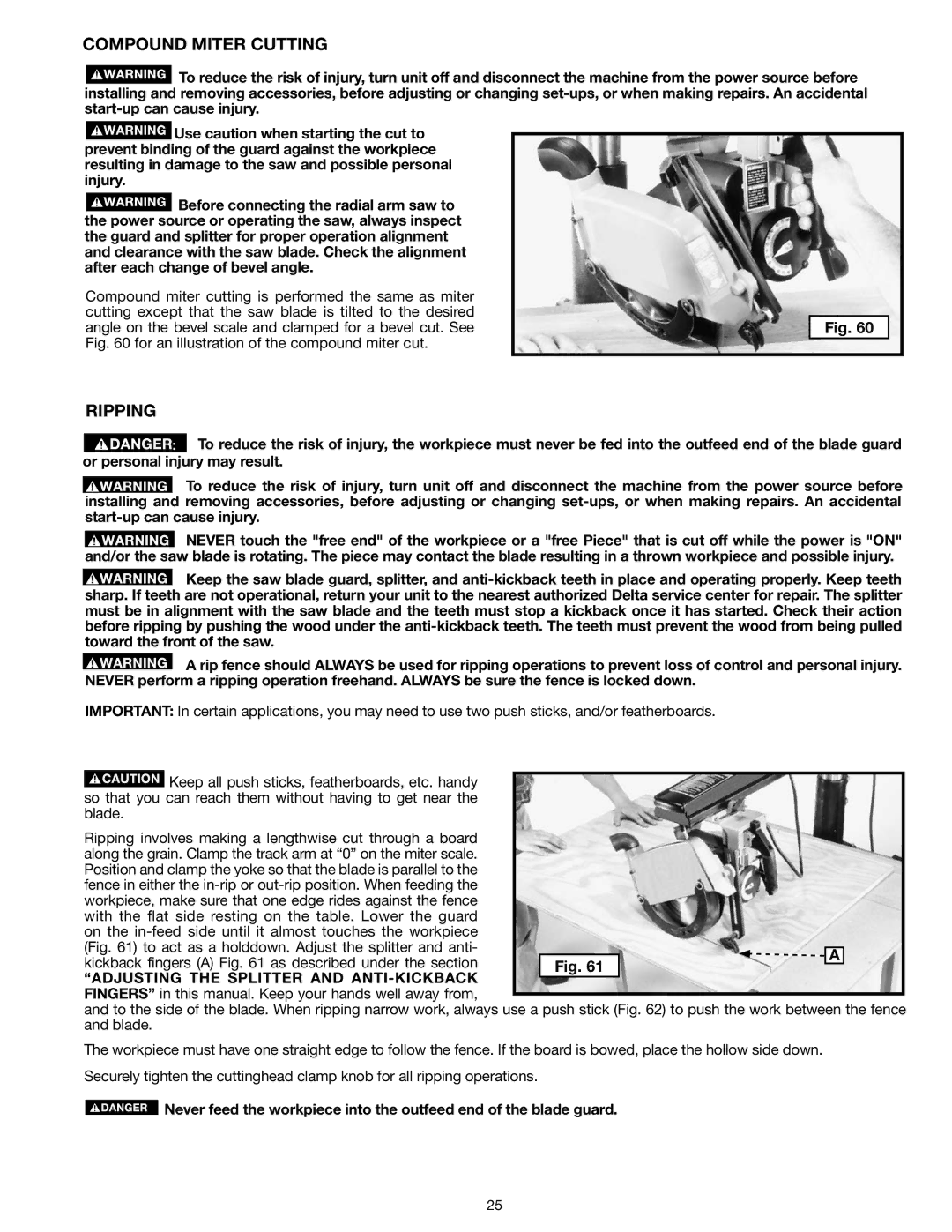 Epson RS830 instruction manual Compound Miter Cutting, Ripping, Adjusting the Splitter and ANTI-KICKBACK 