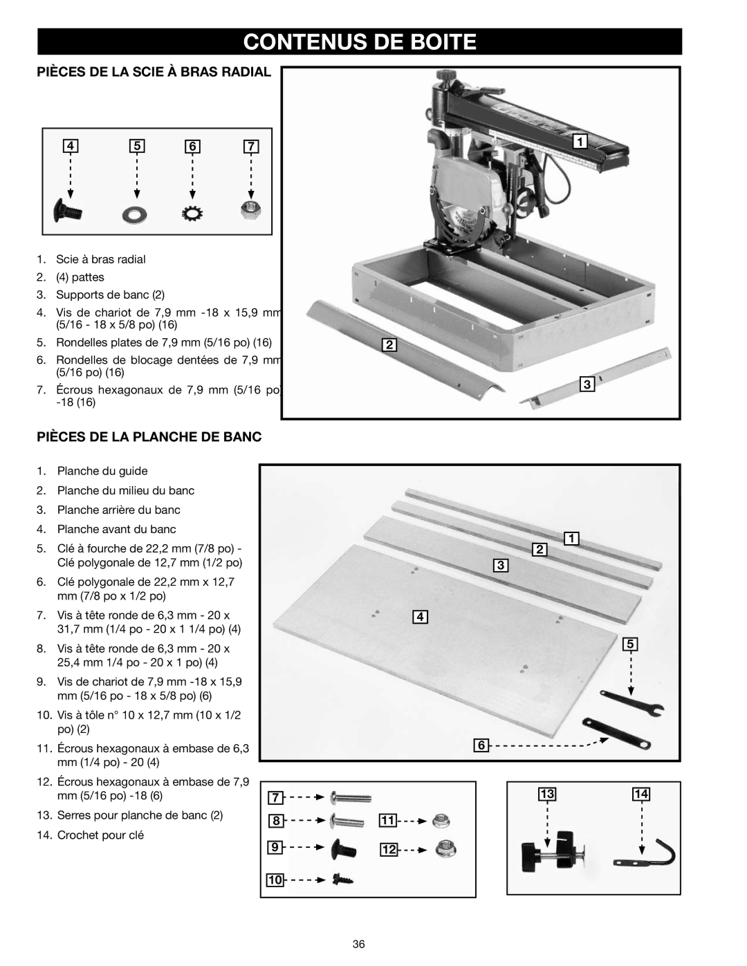 Epson RS830 instruction manual Contenus DE Boite, Pièces DE LA Scie À Bras Radial, Pièces DE LA Planche DE Banc 