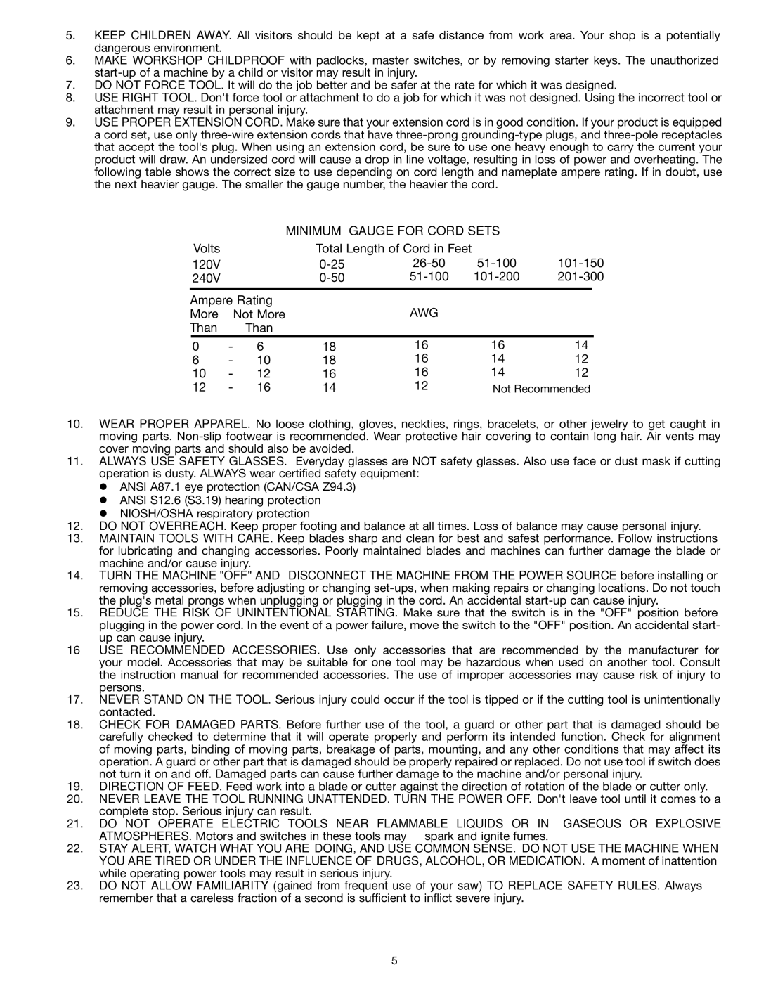 Epson RS830 instruction manual Minimum Gauge for Cord Sets, Ampere Rating 