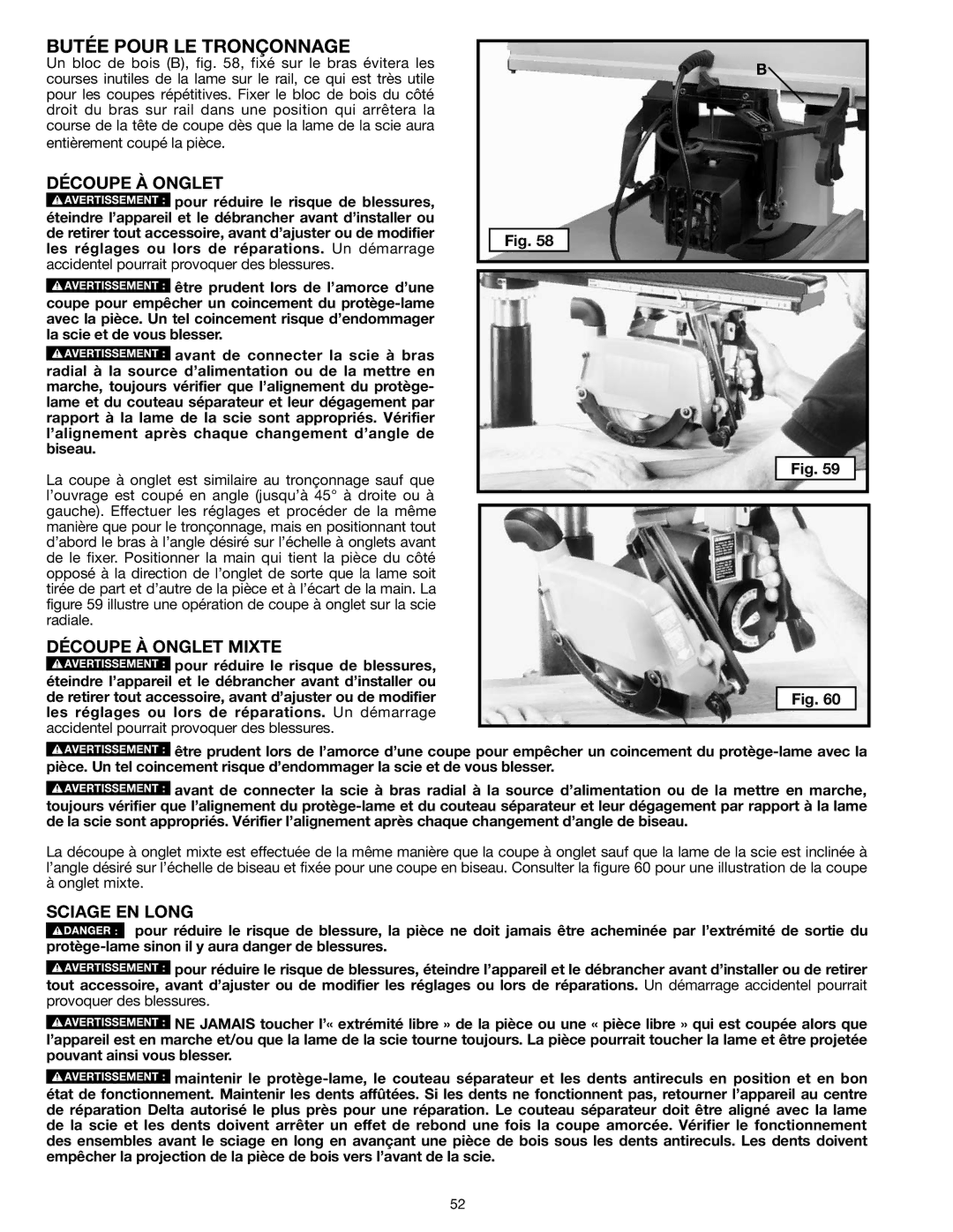 Epson RS830 instruction manual Butée Pour LE Tronçonnage, Découpe À Onglet Mixte, Sciage EN Long 