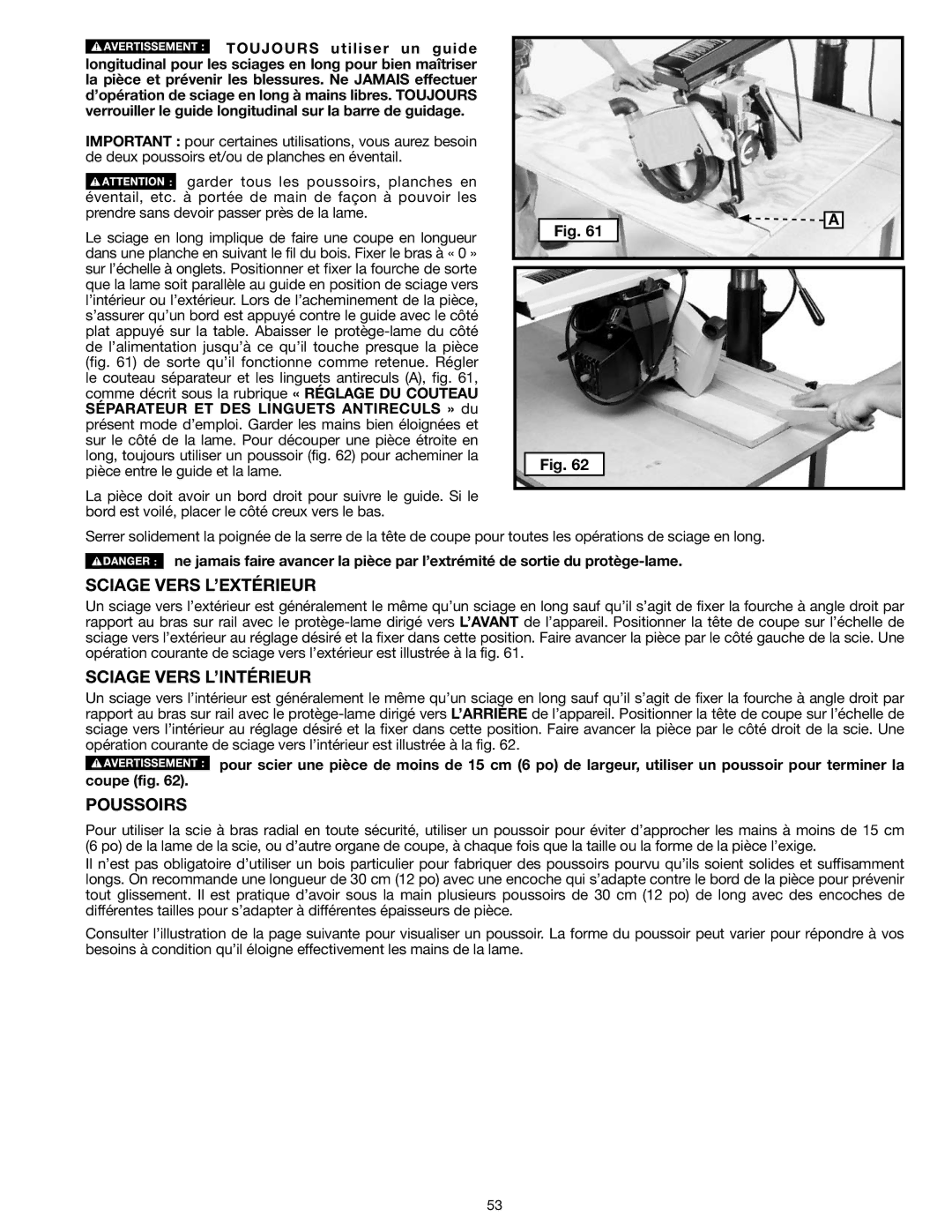 Epson RS830 instruction manual Sciage Vers L’EXTÉRIEUR, Sciage Vers L’INTÉRIEUR, Poussoirs 