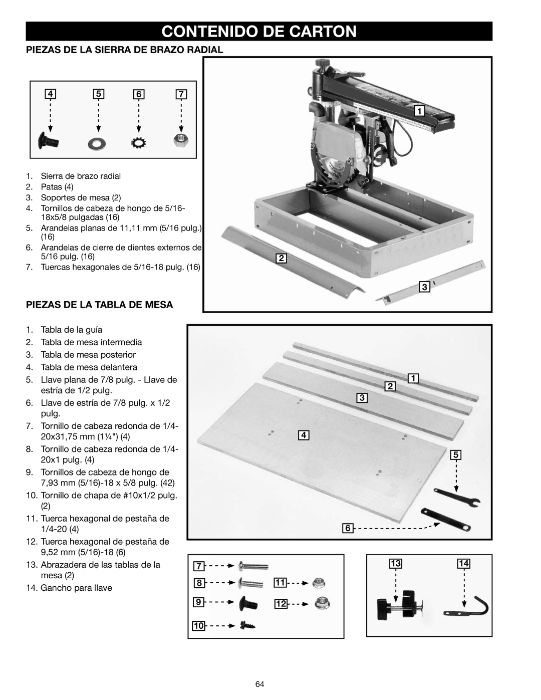 Epson RS830 instruction manual Contenido DE Carton, Piezas DE LA Sierra DE Brazo Radial, Piezas DE LA Tabla DE Mesa 