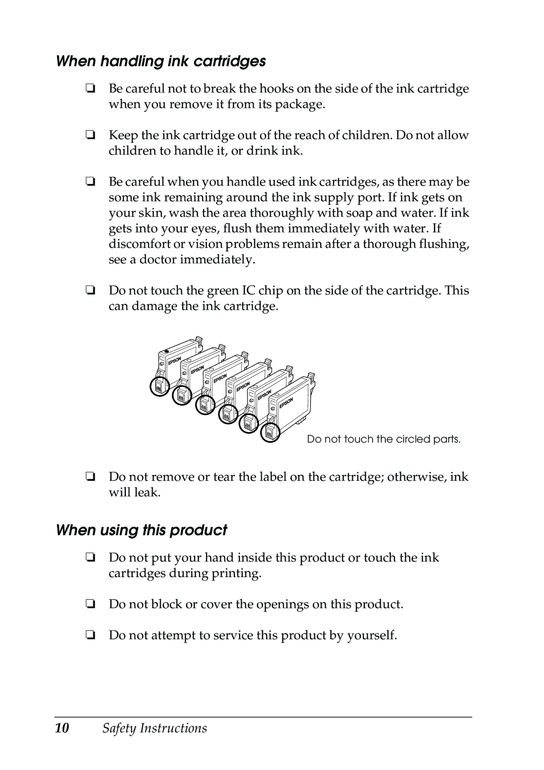 Epson RX500 manual When handling ink cartridges, When using this product 