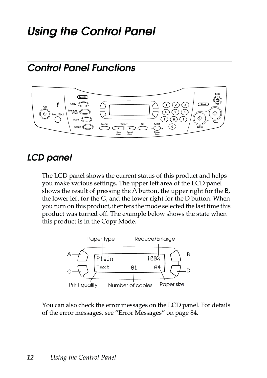 Epson RX500 manual Using the Control Panel, Control Panel Functions, LCD panel 