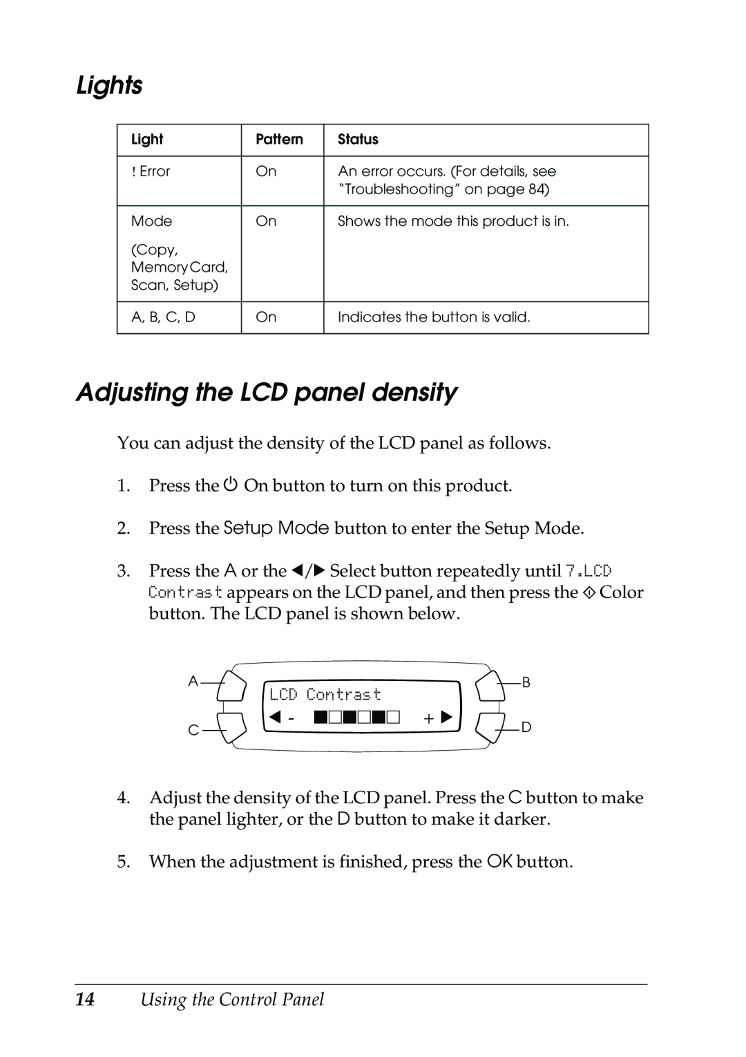 Epson RX500 manual Lights, Adjusting the LCD panel density 