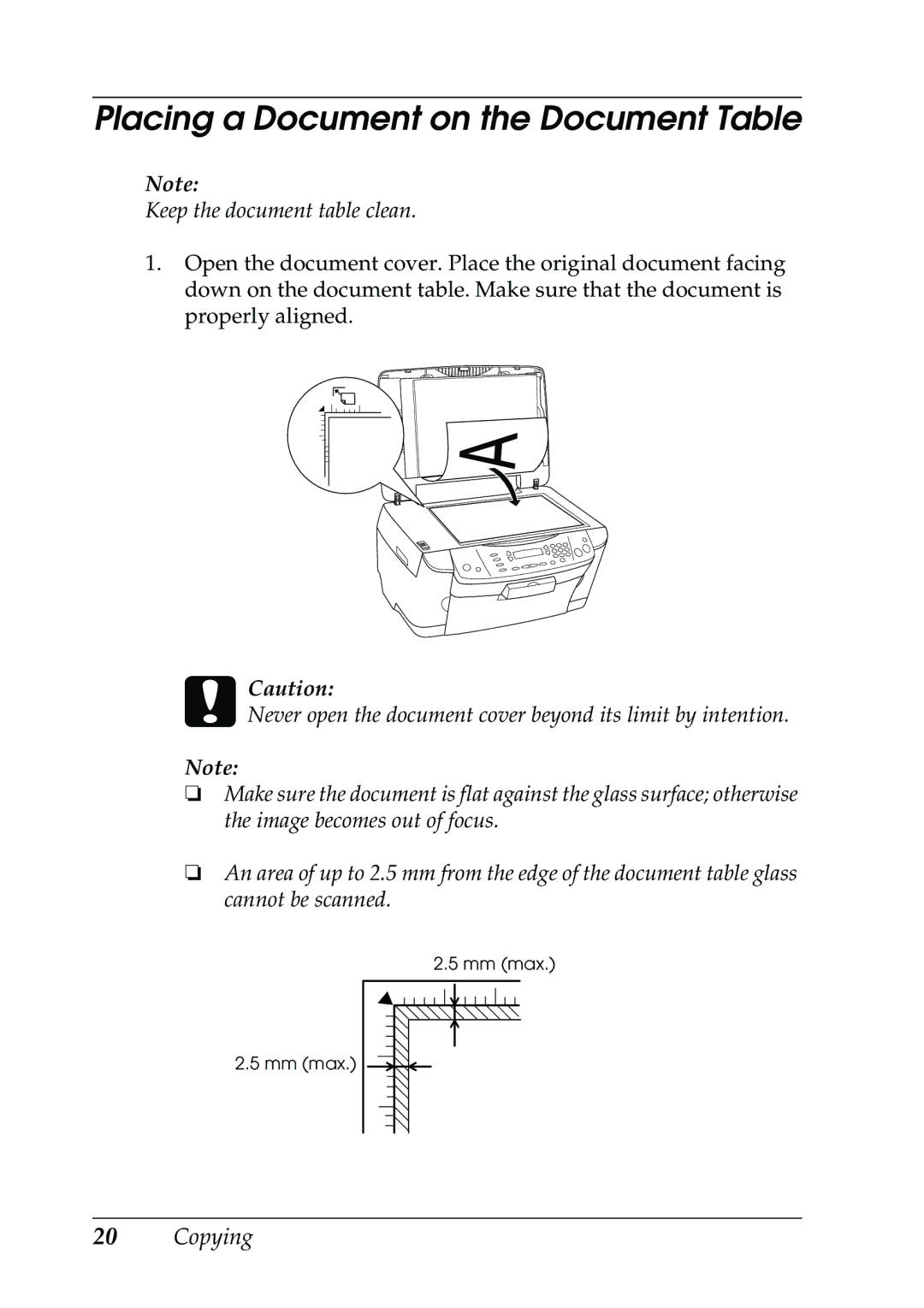 Epson RX500 manual Placing a Document on the Document Table, Keep the document table clean 