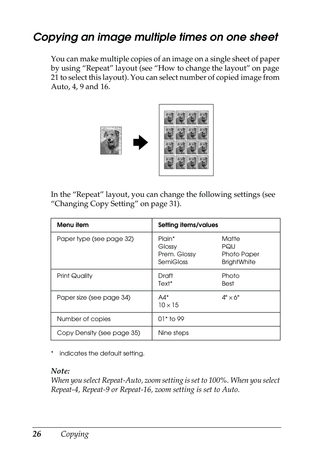 Epson RX500 manual Copying an image multiple times on one sheet 