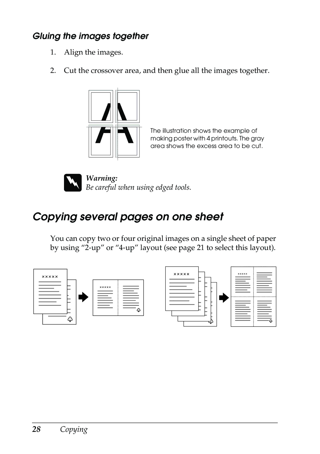 Epson RX500 manual Copying several pages on one sheet, Gluing the images together 